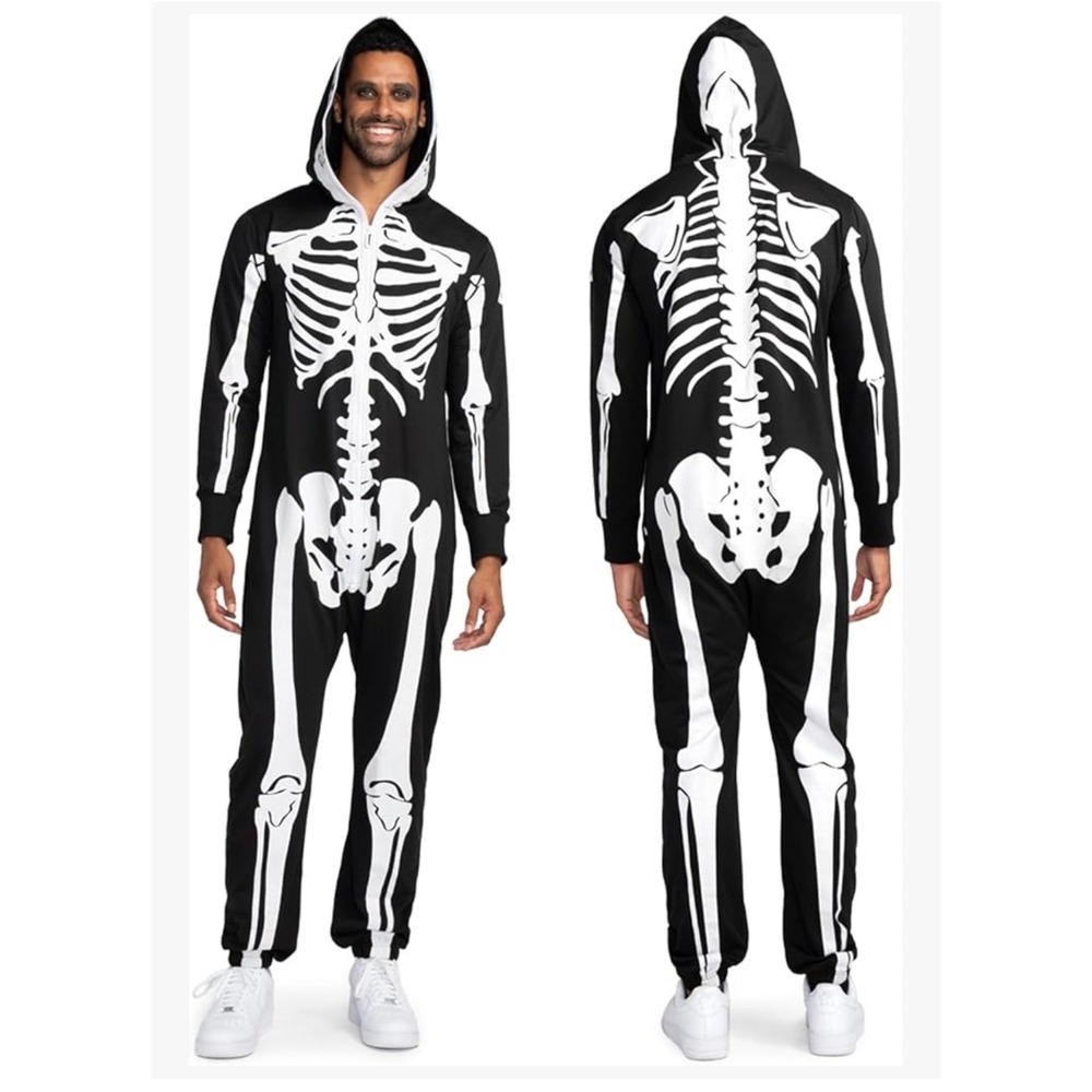 Tipsy Elves Unisex Skeleton Jumpsuit Halloween Costume Black White Onesie Medium